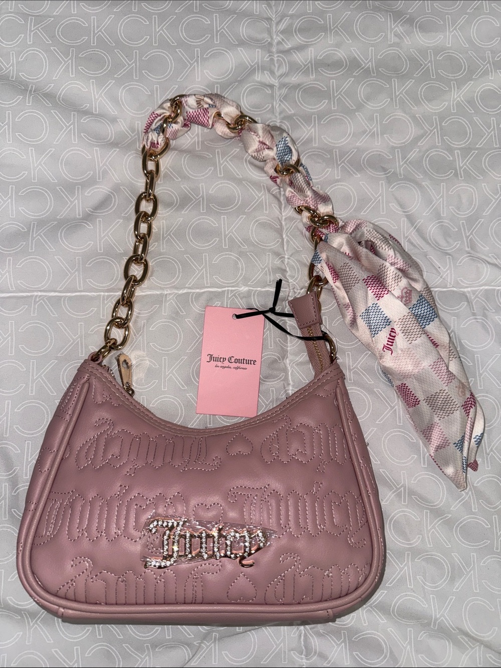 Juicy Couture Dusty Rose Quilted Shoulder Bag with Chain and Scarf Accent